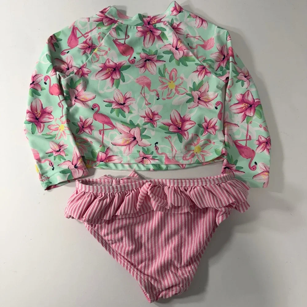 Crown & Ivy Baby Girls 24M Flamingo Rash Guard Swimsuit Set Pink Mint‎ Stripe